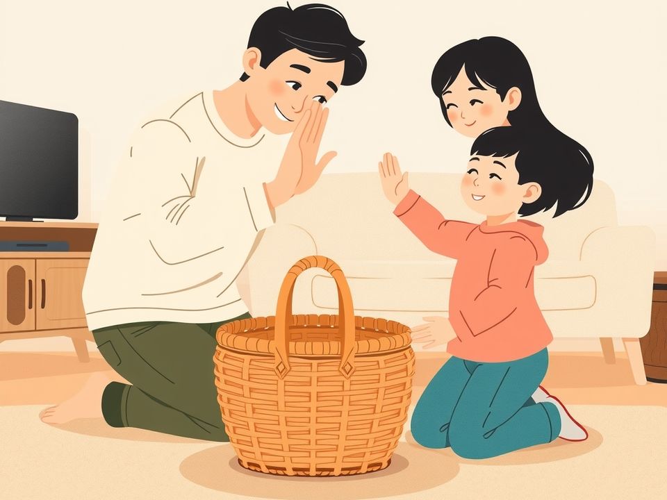 家长跪在客厅地毯上和笑着的孩子击掌，旁边放着篮子，另一位家人从后面抱着孩子。