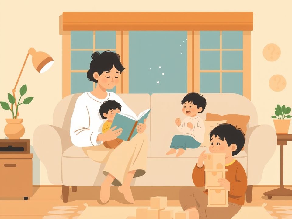 家长在沙发上给怀里的幼儿读绘本，一个孩子坐在旁边，另一个孩子在地毯上搭积木。
