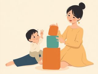 学步儿和家长坐在地上叠大积木，孩子伸出手指比数字，家长再放上一块。