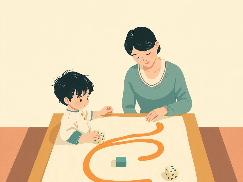 孩子和家长在桌上玩棋盘游戏，棋盘上有一条弯弯的橙色小路，孩子拿着骰子，家长在旁边看。
