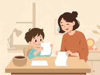 大一点的孩子在桌前拿着卡片自我测验，家长在旁边笑着帮忙。