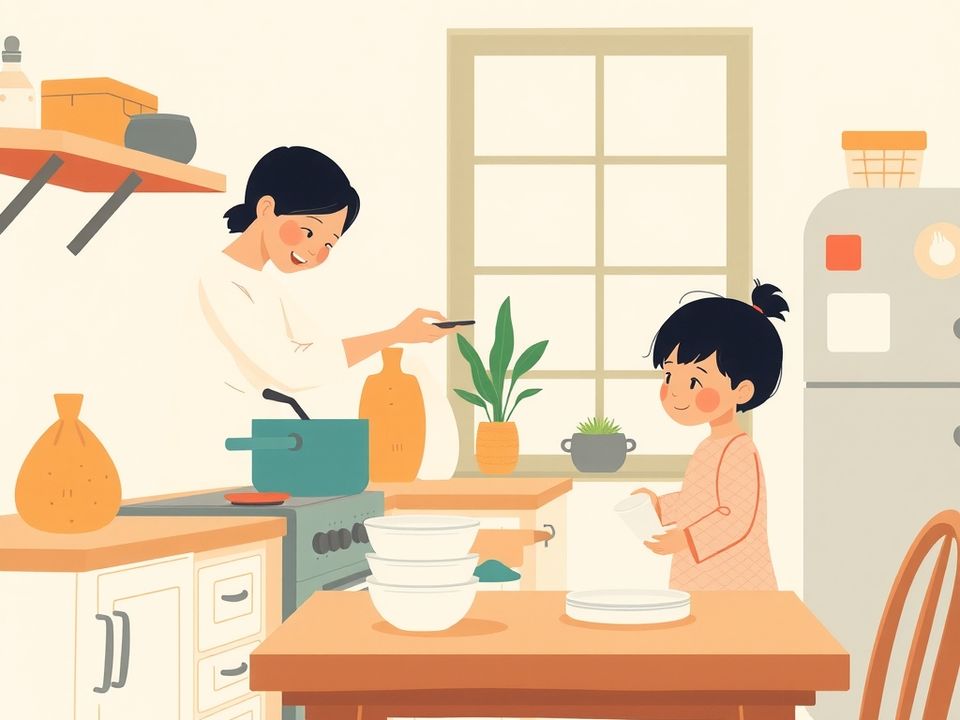 小厨房里，家长一边做晚饭，一边笑着看孩子把盘子端到餐桌上。