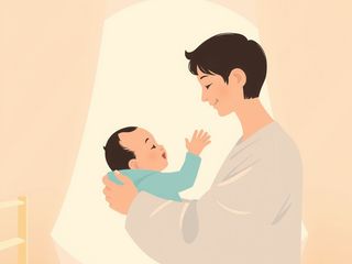 柔和的灯光下，家长面对面抱着宝宝，宝宝笑着伸手去摸家长的脸。