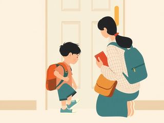 早上，背着书包的孩子走向门口，家长拿着一本书蹲在旁边。