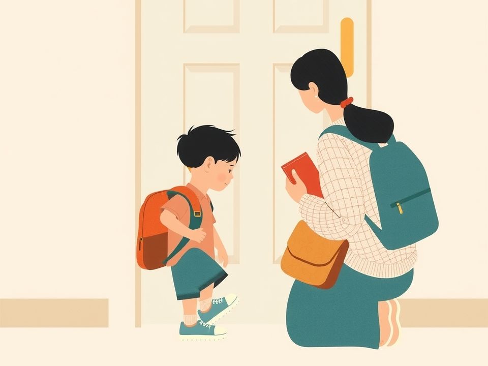 早上，背着书包的孩子走向门口，家长拿着一本书蹲在旁边。
