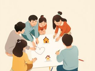 一家人跪坐在地上，围着一大张纸用彩色铅笔一起画简单的图画。