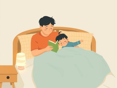 家长躺在睡眼惺忪的孩子身边，借着床头小灯的暖光讲睡前故事。
