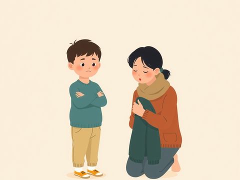 学龄前的孩子抱着手臂一脸倔强，家长拿着外套蹲在他面前，平静而耐心。