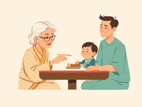 矮桌旁，奶奶用筷子喂孩子吃东西，家长坐在一旁微笑。