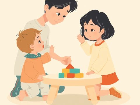 两个学步儿在矮桌旁玩积木，家长蹲下来轻轻握住其中一个孩子举起的手，平静地说话。