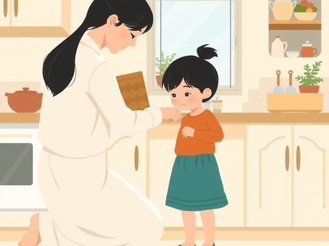 孩子在厨房里拉着家长的袖子，家长蹲下来专心听他说话。