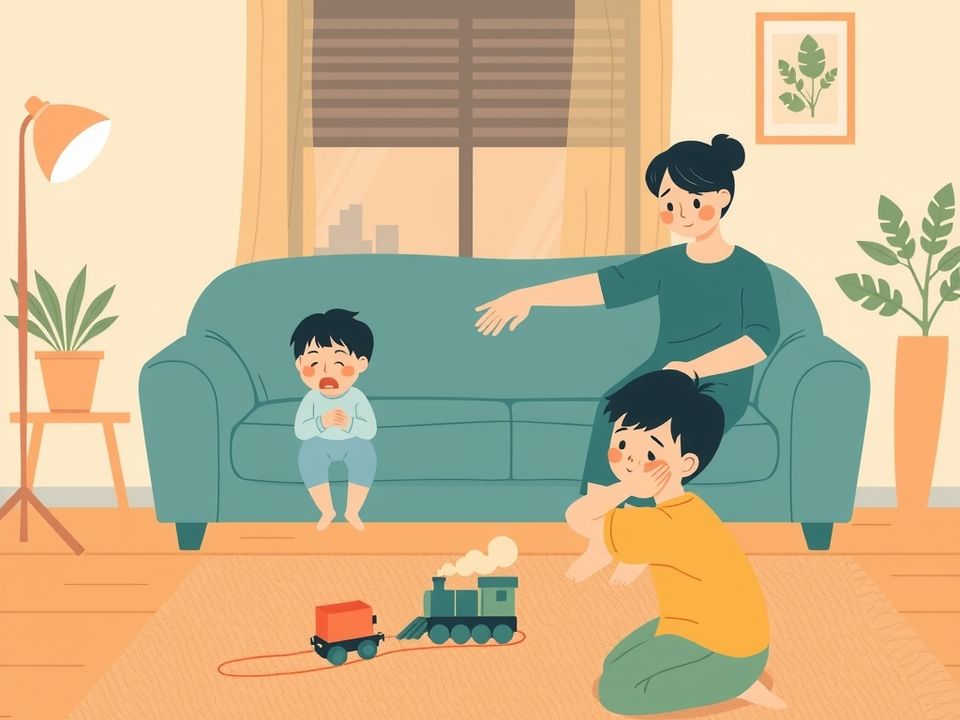 家长伸手安抚坐在沙发上不开心的孩子，另一个孩子跪在地毯上的小火车旁。