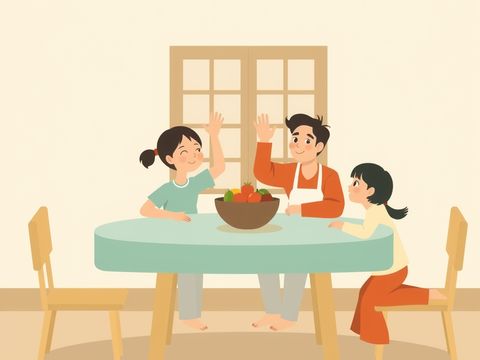 一家四口围坐在放着水果的桌旁开家庭会议，一个孩子和一位家长举手发言。