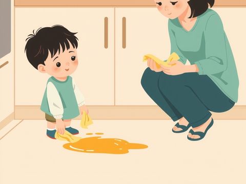 孩子拿抹布擦地上洒出的果汁，家长蹲在旁边拿着另一块抹布帮忙。