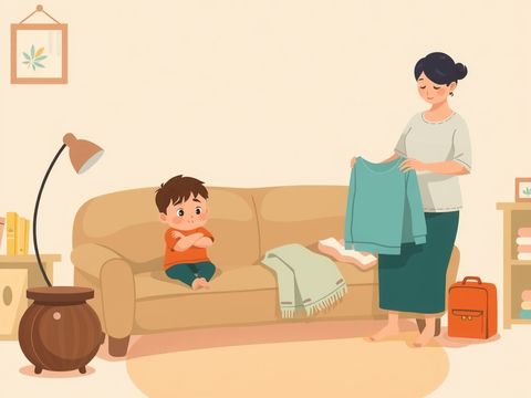 孩子抱着手臂在沙发上闹别扭，家长在旁边耐心地继续叠衣服。