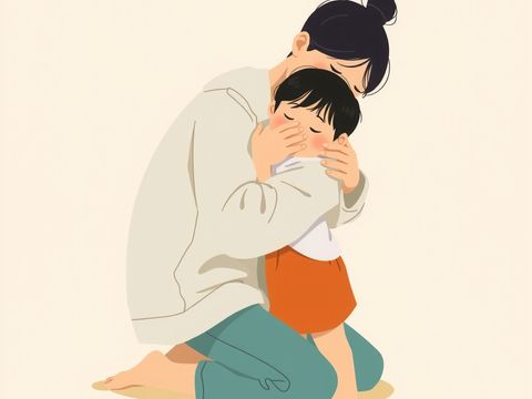 争执过后，家长蹲下来紧紧抱住孩子，两人都松了一口气。