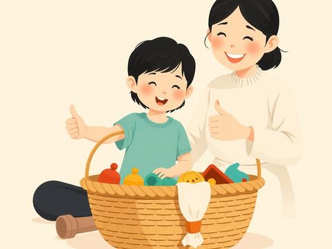 孩子把彩色玩具收进篮子，家长在旁边笑着竖起大拇指。
