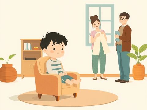 孩子安静地坐在角落的小扶手椅上，两位大人在旁边继续做家务。